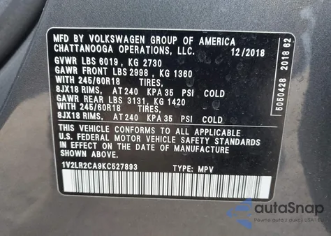 2019 Volkswagen Atlas 3.6L V6 Se из США, поврежденный, VIN 1V2LR2CA9KC527893